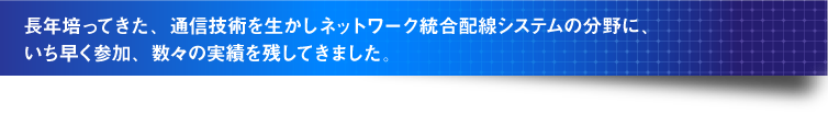長年培ってきた、通信技術を生かしネットワーク統合配線システムの分野に、いち早く参加、数々の実績を残してきました。 長年培ってきた、通信技術を生かしネットワーク統合配線システムの分野に、いち早く参加、数々の実績を残してきました。