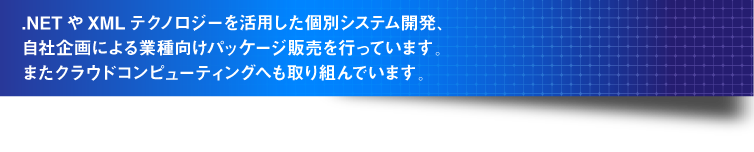 .NETやXMLテクノロジーを活用した個別システム開発、自社企画による業種向けパッケージ販売を行っています。またクラウドコンピューティングへも取り組んでいます。 .NETやXMLテクノロジーを活用した個別システム開発、自社企画による業種向けパッケージ販売を行っています。またクラウドコンピューティングへも取り組んでいます。